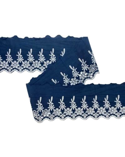 50 cm Borte Spitze Sangallo Stickerei Weiße Blume mit blauem Rand Baumwolle Höhe 9 cm von TOMASELLI MERCERIA