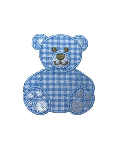 Aufnäher zum Aufbügeln, Motiv: Bär, mit kariertem Stoff, 16 x 14 cm, Hellblau Aufnäher zum Aufbügeln, Motiv: Bär, mit kariertem Stoff, 16 x 14 cm, Hellblau von TOMASELLI MERCERIA