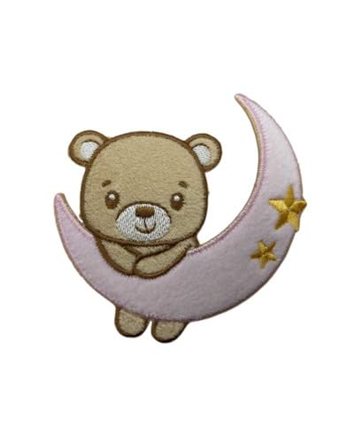 Aufnäher zum Aufbügeln, bestickt, Baby, Samt, Mond, Bär, Stern, Höhe 9 cm, Rosa Aufnäher zum Aufbügeln, bestickt, Baby, Samt, Mond, Bär, Stern, Höhe 9 cm, Rosa von TOMASELLI MERCERIA
