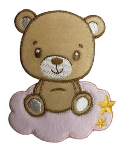 Aufnäher zum Aufbügeln, bestickt, Baby Bär auf Wolke mit Sternen, Rosa Aufnäher zum Aufbügeln, bestickt, Baby Bär auf Wolke mit Sternen, Rosa von TOMASELLI MERCERIA