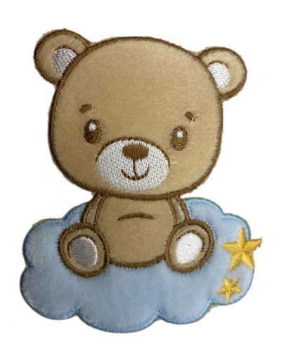 Aufnäher zum Aufbügeln, bestickt, Baby Bär auf Wolke mit Sternen, hellblau Aufnäher zum Aufbügeln, bestickt, Baby Bär auf Wolke mit Sternen, hellblau von TOMASELLI MERCERIA
