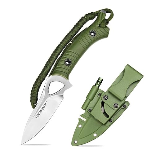 TONIFE Explorer Feststehendes Messer mit Scheide 8Cr14MoV Klinge Multifunktionales Überlebensmesser, Glasfaserverstärkter Nylongriff für Outdoor EDC Messer (Grün+Satin) von TONIFE