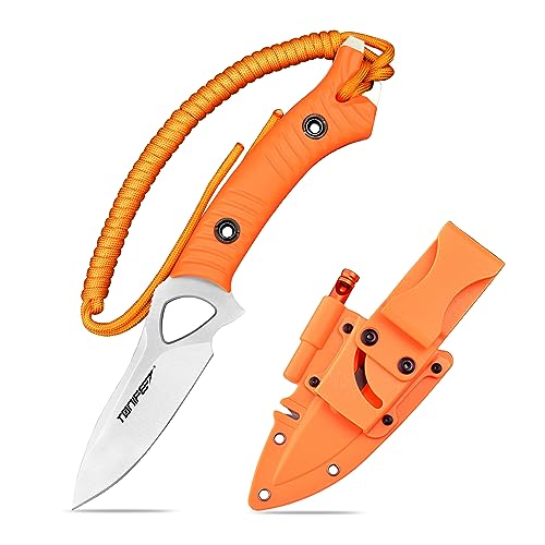 TONIFE Explorer Feststehendes Messer mit Scheide 8Cr14MoV Klinge Multifunktionales Überlebensmesser, Glasfaserverstärkter Nylongriff für Outdoor EDC Messer (Orange+Satin) von TONIFE