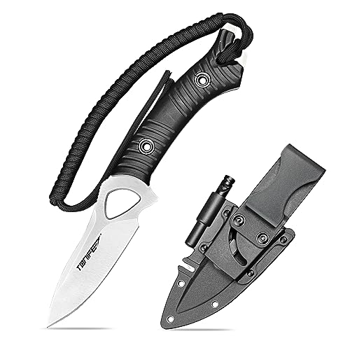 TONIFE Explorer Feststehendes Messer mit Scheide 8Cr14MoV Klinge Multifunktionales Überlebensmesser, Glasfaserverstärkter Nylongriff für Outdoor EDC Messer (Schwarz+Satin) von TONIFE
