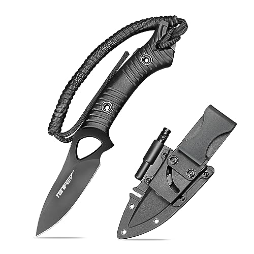 TONIFE Explorer Feststehendes Messer mit Scheide 8Cr14MoV Klinge Multifunktionales Überlebensmesser, Glasfaserverstärkter Nylongriff für Outdoor EDC Messerr (Schwarz+Schwarz Titan) von TONIFE