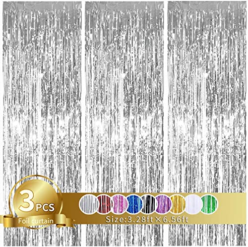 TONIFUL 3Pcs Silver Metallic Tinsel Foil Fringe Curtains, 3ft x 6ft Silver Photo Booth Background Streamer Curtain, Photo Booth Props, Ideal for Bachelorette, Birthday von TONIFUL