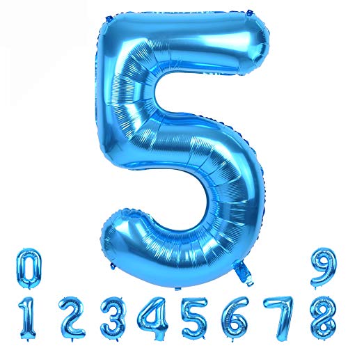 TONIFUL 40 Zoll Nummer Folienballon 0 to 9 in Blau Helium Zahlenballon Riesenzahl Luftballon Nummer 5 Heliumballons für Geburtstag, Hochzeit, Jubiläum Party Dekoration（Zahl5） von TONIFUL