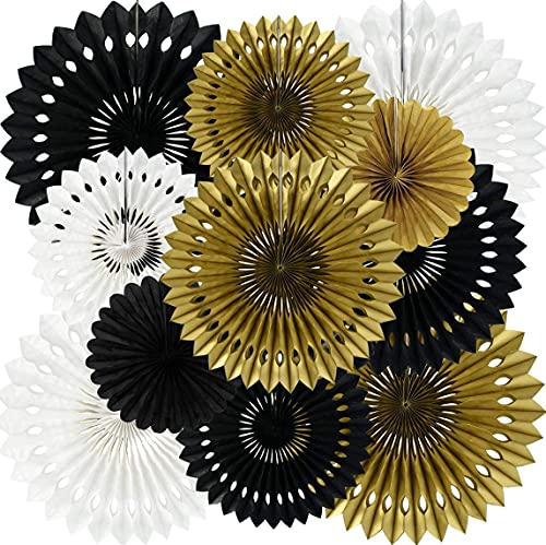 Schwarz Gold Weiß Hängende Wabe Runde Papier Fans Dekoration Set für Baby Dusche Geburtstag Hochzeit Bachelorette Fotokabine Backdrops Jubiläum Papier Party Schwarz und Gold Party Dekoration (11packs) von TONIFUL