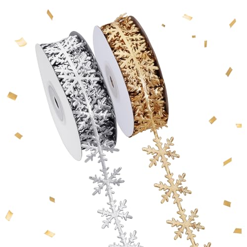 TONIFUL 2 Rollen 1,6 cm Weihnachtsbänder – Gold & Silber Schneeflocken Trim Bänder für Weihnachtsbaum, Kranz, Girlande, DIY Handwerk, Geschenkverpackung, hängende Ornamente, Party-Dekorationen – 9,1 m von TONIFUL