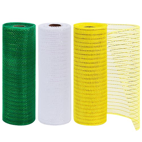 TONIFUL 25,4 cm Grün/Weiß/Gelb Deko-Netzbänder, 3 Rollen, Stoffnetzrolle dekorativer Netzkranz Zubehör für St. Patrick Kranz Haustür Netzkranz (27,4 m/Set) von TONIFUL
