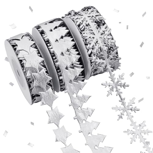 TONIFUL 3 Rollen Weihnachtsbänder – 1,6 cm silberne Schneeflocken-Baum-Sternbänder für Weihnachtsbaum, Kranz, Bastelarbeiten, Geschenkverpackungen, hängende Ornamente, Party-Dekorationen, 4,5 m/Rolle TONIFUL 3 Rollen Weihnachtsbänder – 1,6 cm silberne Schneeflocken-Baum-Sternbänder für Weihnachtsbaum, Kranz, Bastelarbeiten, Geschenkverpackungen, hängende Ornamente, Party-Dekorationen, 4,5 m/Rolle von TONIFUL