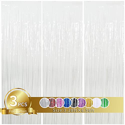 TONIFUL 3 Stück Weiß Metallic Lametta Vorhänge,Tinsel Folie Vorhang Folienfransen Vorhang für Hochzeit Verlobung Brautdusche Geburtstag von TONIFUL