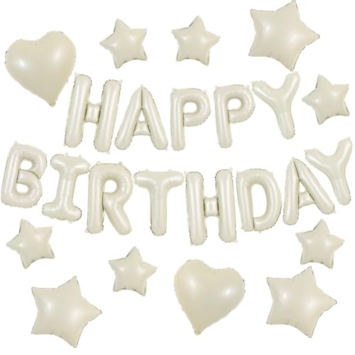 TONIFUL 31 Stück cremeweiße Happy Birthday-Dekorationen, 40,6 cm, Happy Birthdays, Ballonbanner mit Stern-Herz-Luftballons für Männer, Frauen, Erwachsene, Mädchen, Jungen, Kinder, Partyzubehör von TONIFUL