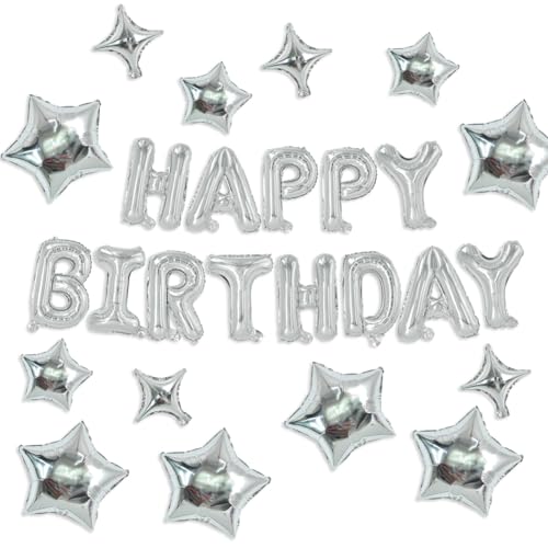 TONIFUL 35 Stück silberne "Happy Birthday"-Dekorationen, 40,6 cm, Happy Birthdays, Ballonbanner mit Sternballons für Männer, Frauen, Erwachsene, Mädchen, Jungen, Kinder, Partyzubehör TONIFUL 35 Stück silberne "Happy Birthday"-Dekorationen, 40,6 cm, Happy Birthdays, Ballonbanner mit Sternballons für Männer, Frauen, Erwachsene, Mädchen, Jungen, Kinder, Partyzubehör von TONIFUL