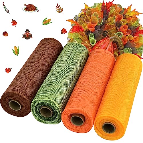TONIFUL 4 Rollen 25,4 cm braun/orange/gelb/grün, dekorative Netzbandrollen, für Kranz, Haustür, Kranz, Basteln, Baumdekoration, Herbst, Erntedankfest, Halloween-Dekoration (9 m/Rolle, 36,6 m/Set) von TONIFUL