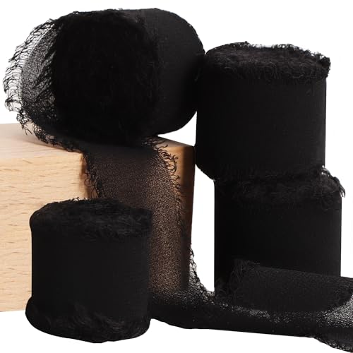 TONIFUL 4 Rollen 3.8 cm schwarzes Chiffon-Seidenband, 22 m, handgefertigtes Fransen-Chiffon-Bänder-Set für Hochzeitseinladungen, Brautsträuße, Geschenkverpackungen, DIY Handwerk (schwarz, 3.8 cm) von TONIFUL
