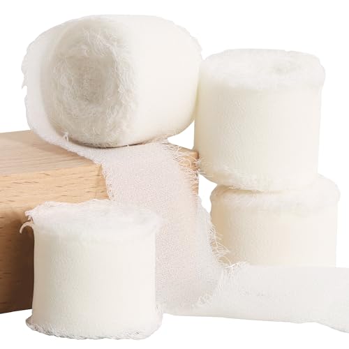 TONIFUL 4 Rollen 3.8 cm weißes cremefarbenes Chiffon-Seidenband, 22 m, handgefertigtes Fransen-Chiffon-Bänder-Set für Hochzeitseinladungen, Brautsträuße, Geschenkverpackungen, 55.9 m, 3.8 cm) von TONIFUL