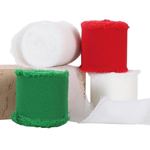 TONIFUL 4 Rollen Seiden-Chiffonband, 3,8 cm x 22 m, rot-grün-weiß, handgefertigtes Fransen-Seidenband für Geschenkverpackungen, Sträuße, Basteln, Halloween, Weihnachtskranz, Baum und Party-Dekoration TONIFUL 4 Rollen Seiden-Chiffonband, 3,8 cm x 22 m, rot-grün-weiß, handgefertigtes Fransen-Seidenband für Geschenkverpackungen, Sträuße, Basteln, Halloween, Weihnachtskranz, Baum und Party-Dekoration von TONIFUL