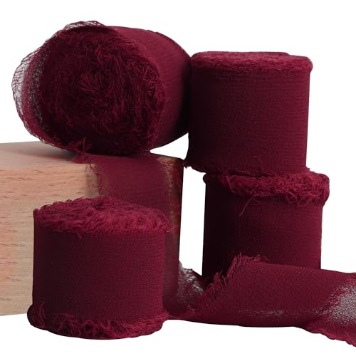 TONIFUL 4 Rollen Seiden-Chiffonband, 3.8 cmx22 m, dunkelrotes Weinrot-Chiffon-Bänder, handgefertigtes Fransen-Seidenband für Geschenkverpackungen, Brautsträuße, Dekoration, Handwerk TONIFUL 4 Rollen Seiden-Chiffonband, 3.8 cmx22 m, dunkelrotes Weinrot-Chiffon-Bänder, handgefertigtes Fransen-Seidenband für Geschenkverpackungen, Brautsträuße, Dekoration, Handwerk von TONIFUL