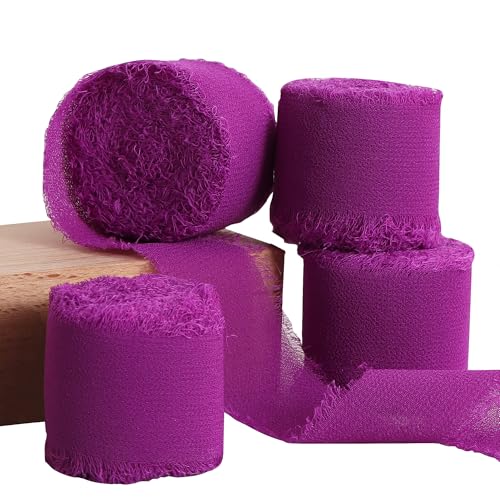 TONIFUL 4 Rollen Seiden-Chiffonband, 3.8 cmx22 m, lila Chiffon-Bänder, handgefertigtes Fransen-Seidenband, ausgefranste Kanten für Geschenkverpackungen, Brautsträuße, Dekoration, Handwerk von TONIFUL