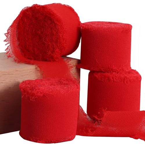 TONIFUL 4 Rollen Seiden-Chiffonband, 3.8 cmx22 m, rote Chiffonbänder, handgefertigtes Fransen-Seidenband, ausgefranste Kanten für Geschenkverpackungen, Brautsträuße, Dekoration, Basteln TONIFUL 4 Rollen Seiden-Chiffonband, 3.8 cmx22 m, rote Chiffonbänder, handgefertigtes Fransen-Seidenband, ausgefranste Kanten für Geschenkverpackungen, Brautsträuße, Dekoration, Basteln von TONIFUL