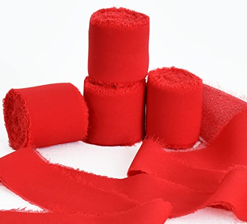 TONIFUL 4 Rollen Seiden-Chiffonband, 3.8 cmx22 m, rote Chiffonbänder, handgefertigtes Fransen-Seidenband, ausgefranste Kanten für Geschenkverpackungen, Brautsträuße, Dekoration, Basteln von TONIFUL