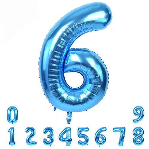 TONIFUL 40 Zoll Nummer Folienballon 0 to 9 in Blau Helium Zahlenballon Riesenzahl Luftballon Nummer 6 Heliumballons für Geburtstag, Hochzeit, Jubiläum Party Dekoration（Zahl 6） von TONIFUL