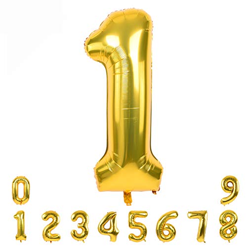 TONIFUL 40 Zoll Nummer Folienballon 0 to 9 in Goldfarbene Helium Zahlenballon Riesenzahl Luftballon Nummer 1 Heliumballons für Geburtstag, Hochzeit, Jubiläum Party Dekoration（Zahl 1） von TONIFUL