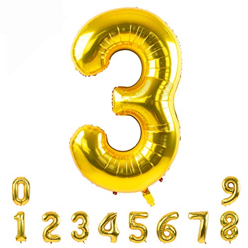 TONIFUL 40 Zoll Nummer Folienballon in Goldfarbene Helium Zahlenballon Riesenzahl Luftballon Nummer 3 Heliumballons für Geburtstag, Jubiläum von TONIFUL