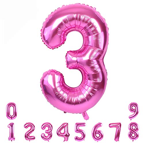 TONIFUL 40 Zoll Nummer Folienballon 0 to 9 in Rosa Helium Zahlenballon Riesenzahl Luftballon Nummer 3 Heliumballons für Geburtstag, Hochzeit, Jubiläum Party Dekoration（Zahl 3） von TONIFUL