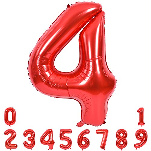 TONIFUL 40 Zoll Nummer Folienballon in Rot Helium Zahlenballon Riesenzahl Luftballon Nummer 4 Heliumballons für Geburtstag, Party Dekoration von TONIFUL