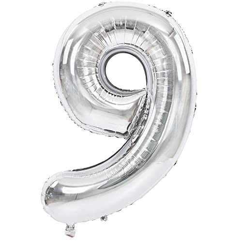 TONIFUL 40 Zoll Nummer Folienballon in Silberfarbene Helium Zahlenballon Riesenzahl Luftballon Nummer 9 Heliumballons für Geburtstag, Hochzeit von TONIFUL
