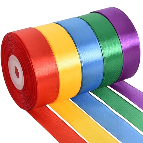 TONIFUL 5 Farben 115M x 25mm Satinband Geschenkband Schleifenband Stoffband Dekoband Stoff Bänder zum Basteln und Geschenk Verpacken, Dekoration, Blumen, Basteln, Dunkler Regenbogen（23M/pro Volumen） von TONIFUL