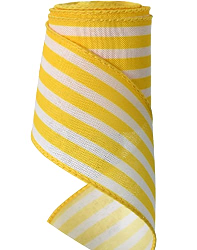 TONIFUL 6.3 cm breites Band, mit Drahtrand, gelb und weiß gestreift, Juteband, Sommer-Frühlingsband, Drahtband, für Geschenkverpackungen, Kranzschleifen, Handwerk, Osterdekoration (gelb, 6 m) von TONIFUL