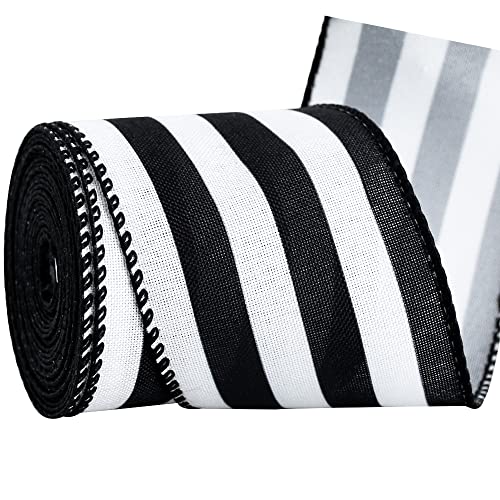TONIFUL 6.3 cm schwarzes und weißes Band mit Drahtrand, gestreiftes Juteband, Blakc weißes Drahtband für Geschenkverpackungen, Kranzschleifen, Basteln, Weihnachtsbaumdekoration (gestreift, 6 m) von TONIFUL