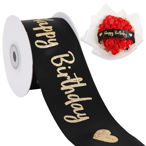 TONIFUL Glitzerndes schwarzes Satinband mit Aufschrift "Happy Birthday", 5,1 cm x 9,1 m breit, bedrucktes glänzendes Band für Geschenkverpackungen, Blumenstrauß-Dekoration, Basteln, Bannerherstellung TONIFUL Glitzerndes schwarzes Satinband mit Aufschrift "Happy Birthday", 5,1 cm x 9,1 m breit, bedrucktes glänzendes Band für Geschenkverpackungen, Blumenstrauß-Dekoration, Basteln, Bannerherstellung von TONIFUL