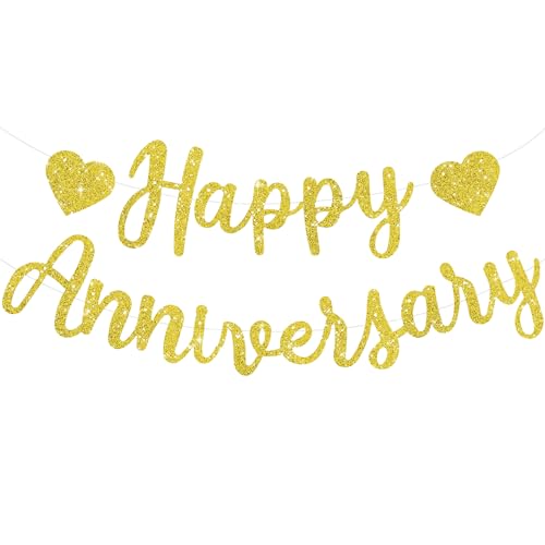 TONIFUL Gold Happy Anniversary Banner, vorgespannt Gold Glitter Happy Anniversary Banner, KEIN DIY-Gold Glitter Happy Anniversary Girlande, Gold Happy Anniversary Zeichen für Jubiläum Hochzeitsfeier von TONIFUL