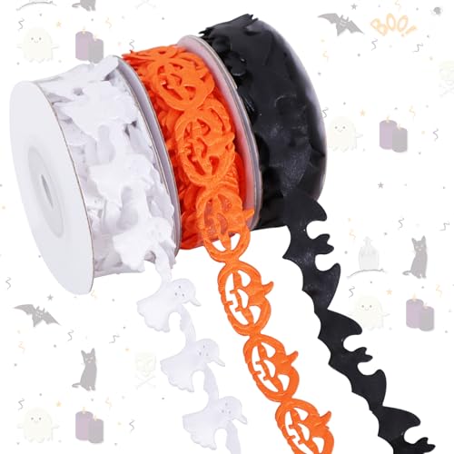TONIFUL Halloween-Bänder – weißer Geist und schwarze Fledermaus und orangefarbener Kürbis, zum Basteln, Geschenkverpackungen, DIY-Kränze, Fensterdekoration, Kaminsims, Treppenhaus, Innendekoration von TONIFUL