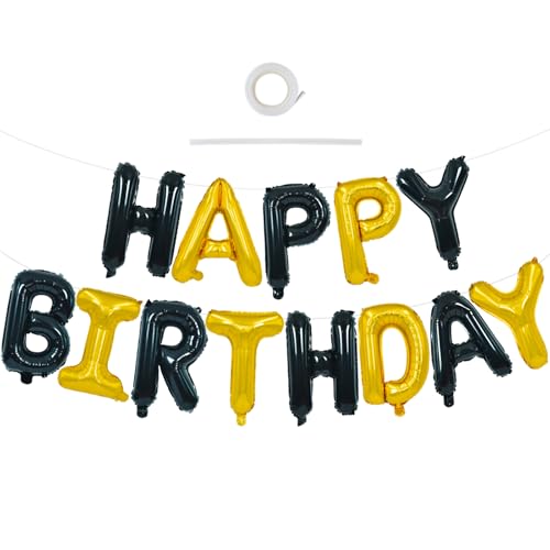 TONIFUL Happy Birthday-Ballon-Banner mit Band und Strohhalm, 40,6 cm, Mylar-Buchstaben, Wimpelkette, wiederverwendbar, für Mädchen, Jungen, Kinder und Erwachsene, Geburtstag, Halloween (Schwarz Gold) TONIFUL Happy Birthday-Ballon-Banner mit Band und Strohhalm, 40,6 cm, Mylar-Buchstaben, Wimpelkette, wiederverwendbar, für Mädchen, Jungen, Kinder und Erwachsene, Geburtstag, Halloween (Schwarz Gold) von TONIFUL