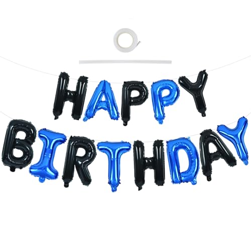 TONIFUL Happy Birthday-Ballon-Banner mit Band und Strohhalm, 40,6 cm, Mylar-Buchstaben, Wimpelkette, wiederverwendbar, für Mädchen, Jungen, Kinder und Erwachsene, Geburtstag, Halloween (Schwarz Blau) von TONIFUL