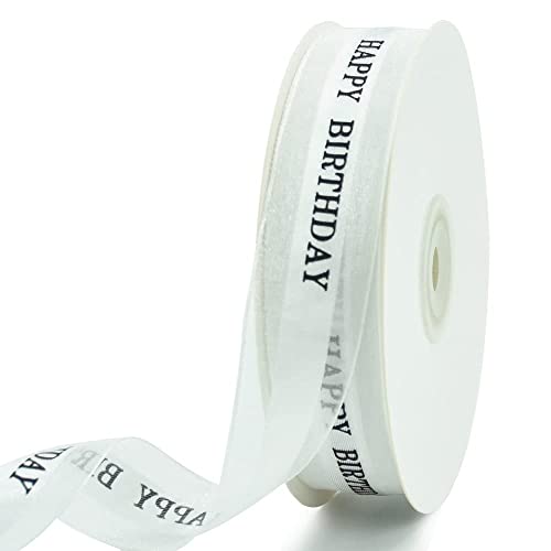 TONIFUL Happy Birthday Ribbon 2.5 cm weiße Satin-Seidenbänder zum Verpacken von Geschenken, 45.7 m Chiffon-Organza-Band für Geburtstagsparty-Zubehör, Kuchenbox, Verpackungsdekoration von TONIFUL