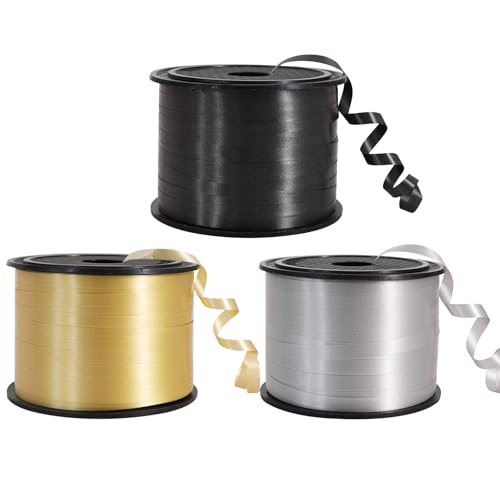 TONIFUL Ringelband, Ballon-Schnur für Kunst und Handwerk, Dekoration, Geschenkverpackung, Bänder und Schleifen für Weihnachten, Neujahr, Geburtstag, Abschlusszubehör (Gold, Schwarz und Silber) von TONIFUL