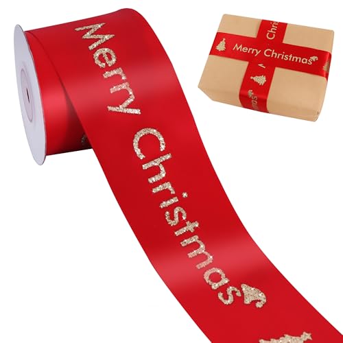 TONIFUL Rotes Glitzer-Satinband mit Aufdruck "Merry Christmas", 5,1 cm x 9,1 m, Weihnachtsband für Geschenkverpackungen, Weihnachtsbaum, Weihnachtsfeier, Kranz, Blumen und Heimdekoration von TONIFUL