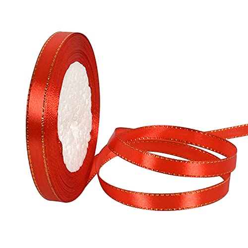 TONIFUL 1cm X 23m rot Satinband mit goldfarbenen Rändern, Stoffbänder geschenkband für Geschenkverpackungen, Hochzeit, Geburtstag, Party, Dekoration, Basteln, Schleifen, Weihnachten, Basteln von TONIFUL