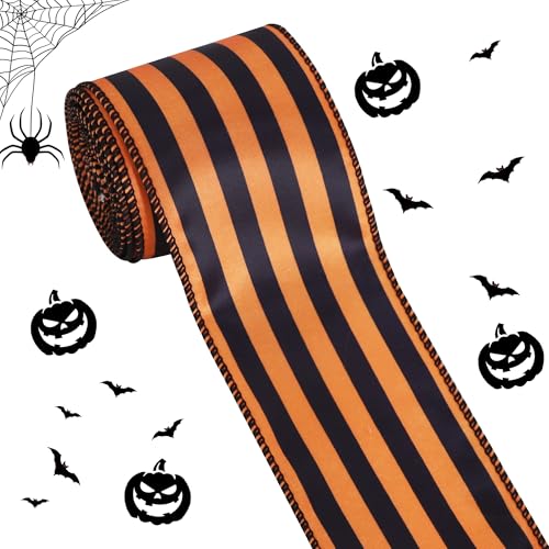 TONIFUL Satinband mit Draht, 6,3 cm x 4,5 m, Orange und Schwarz gestreift, Halloween-Band für Geschenkverpackungen, Basteln, Schleifen, Geschenkkörbe, Haustür-Kranz, Dekoration von TONIFUL