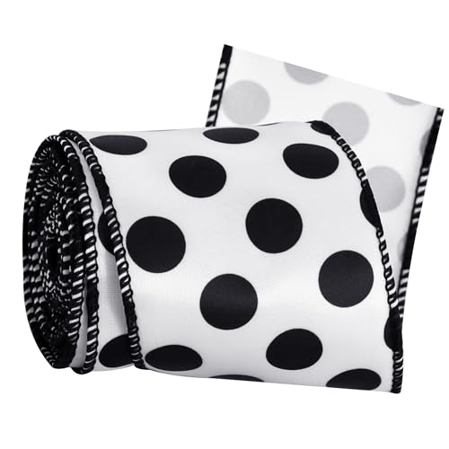 TONIFUL Satinband mit Draht und schwarzen Punkten, 6,3 cm x 4,5 m, für Geschenkverpackungen, Basteln, Schleifen, Geschenkkörbe, Halloween-Band für Haustür, Kranz, Dekoration von TONIFUL