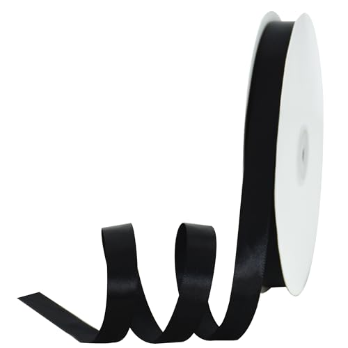 Toniful Satinband, dünne, einfarbige Stoffbänder für Nähen, Geschenkverpackungen, Bastelarbeiten, Schleifenherstellung, Einladungen, Hochzeitsfeier-, Valentinstagsdekoration, 1,6 cm x 91 m, Schwarz von TONIFUL