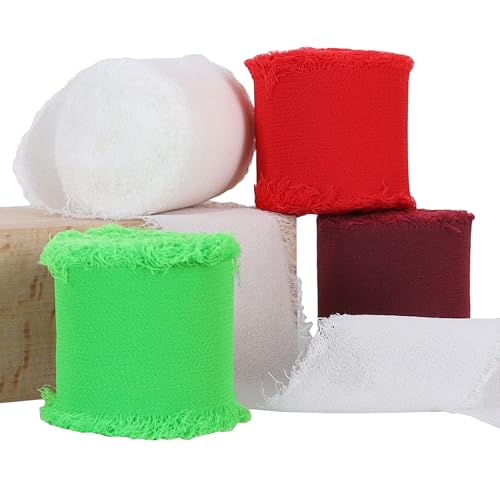 TONIFUL Seiden-Chiffonband, 3,8 cm x 22 m, hellrot und grün, handgefertigtes Fransen-Seidenband-Set für Geschenkverpackungen, Sträuße, Basteln, Weihnachtskranz, Elfen-Thema, Party-Dekoration, 4 Rollen TONIFUL Seiden-Chiffonband, 3,8 cm x 22 m, hellrot und grün, handgefertigtes Fransen-Seidenband-Set für Geschenkverpackungen, Sträuße, Basteln, Weihnachtskranz, Elfen-Thema, Party-Dekoration, 4 Rollen von TONIFUL
