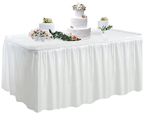 Weißer Kunststoff-Tischrock und Tischdecken-Set, 427 cm, rechteckiger Einweg-Tischrock, inklusive Tischabdeckung für Hochzeit, Geburtstagsfeier, Weinparty, Babyparty, Buffet-Bankett-Dekorationen von TONIFUL