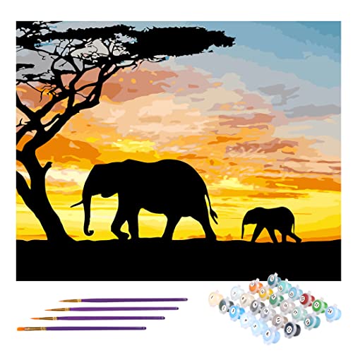 TONZOM Malen nach Zahlen Tiere, DIY Ölgemälde für Erwachsene und Anfänger Elefanten im Sonnenuntergang 40x50cm Haus Dekoration Ohne Rahmen von TONZOM